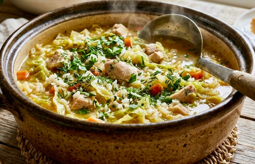 A steaming pot of chicken, cabbage, and rice garnished with herbs.