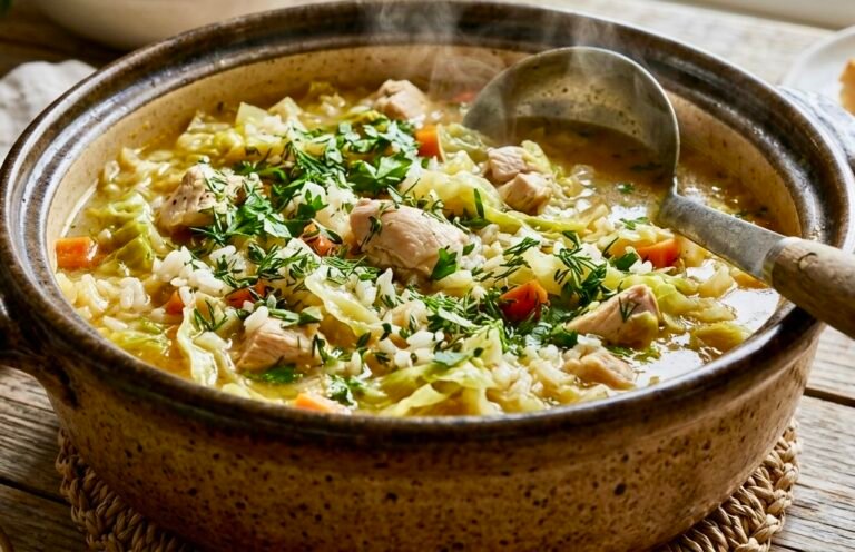 A steaming pot of chicken, cabbage, and rice garnished with herbs.