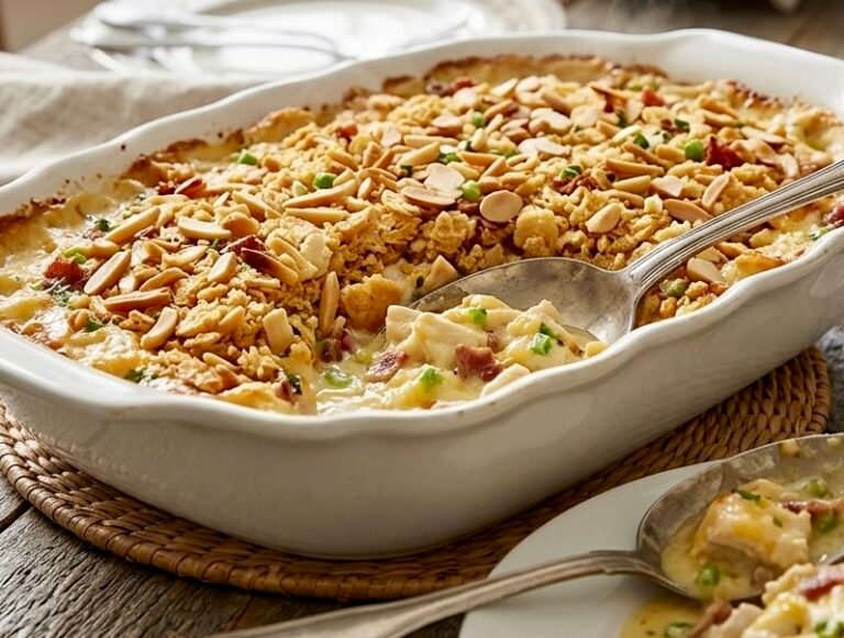 Creamy Neiman Marcus chicken casserole in a white baking dish topped with golden-brown crushed crackers and slivered almonds.