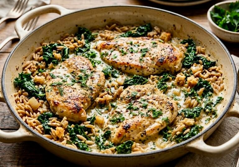 A skillet of creamy Dill Chicken Orzo topped with fresh herbs