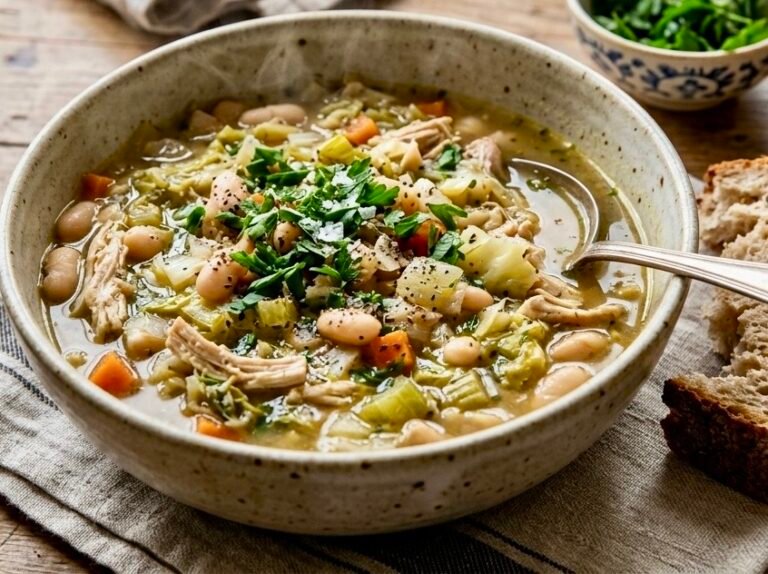 A steaming bowl of Chicken, Cabbage and White Bean Soup served with fresh parsley and crusty bread.
