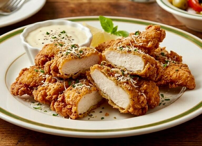 Golden brown crispy Chicken Fritta served on a white plate