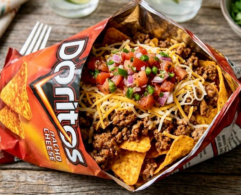 Nachos in a bag. A colorful individual bag of Nacho Cheese Doritos opened and topped with seasoned ground turkey, shredded cheese, and fresh salsa.