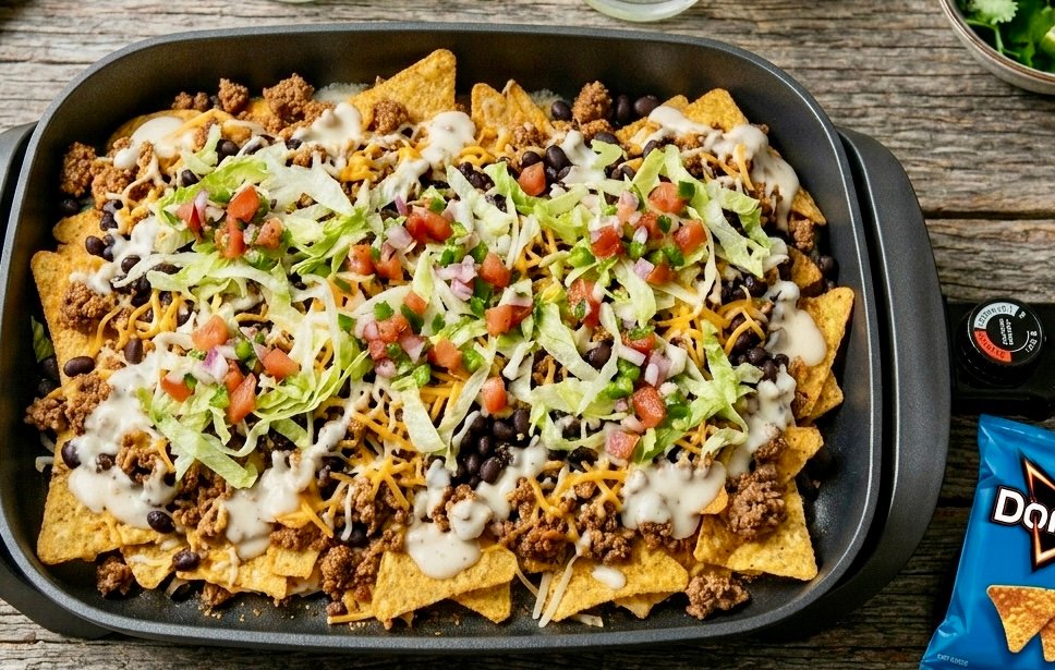A electric skillet filled with crispy Cool Ranch Doritos nachos, topped with cheese, black beans, lettuce, and a ground turkey..