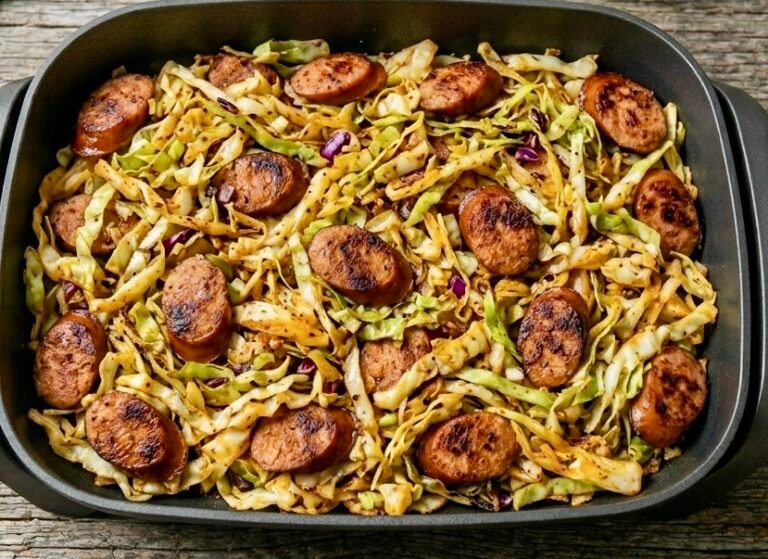 Dirty Cabbage. A large skillet filled with sautéed shredded cabbage and browned slices of smoked turkey sausage seasoned with Cajun spices.