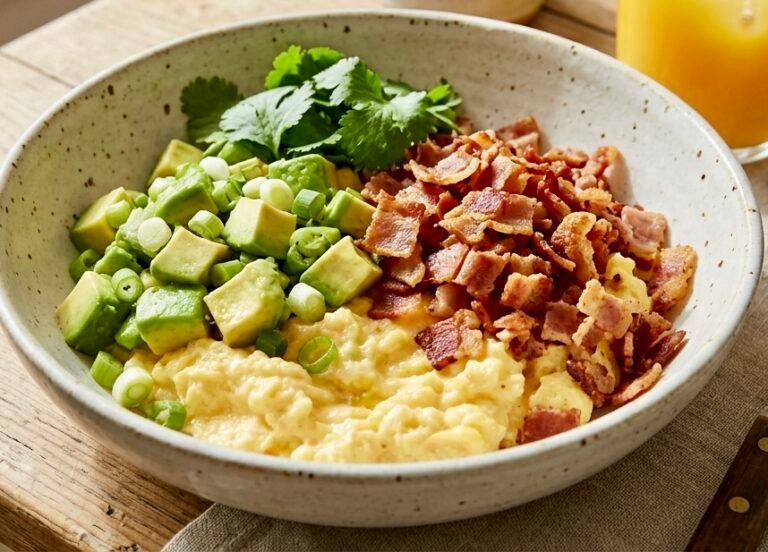 A fresh 10 minute breakfast bowl with scrambled eggs, diced avocado, and crispy bacon served in a ceramic dish.