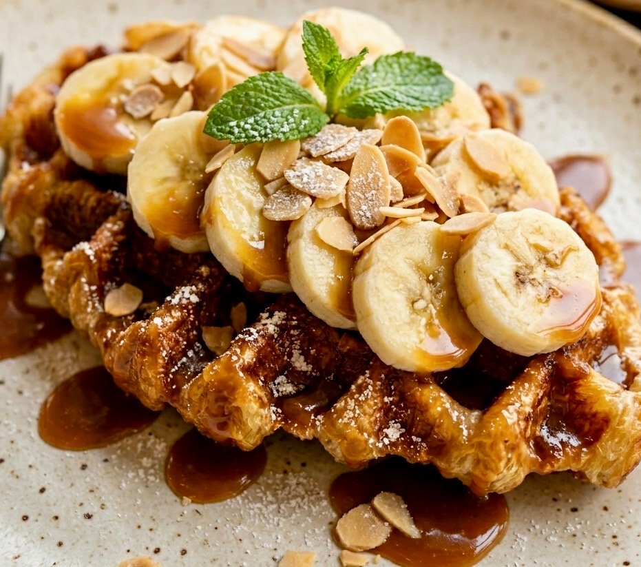 A golden brown crispy banana croffle topped with sliced bananas and drizzled with rich miso caramel sauce.