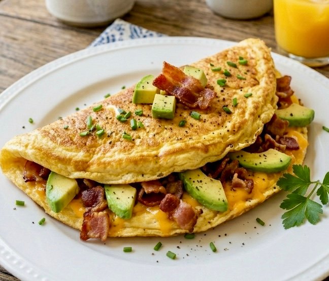 A fluffy avocado bacon omelette served warm on a white plate.