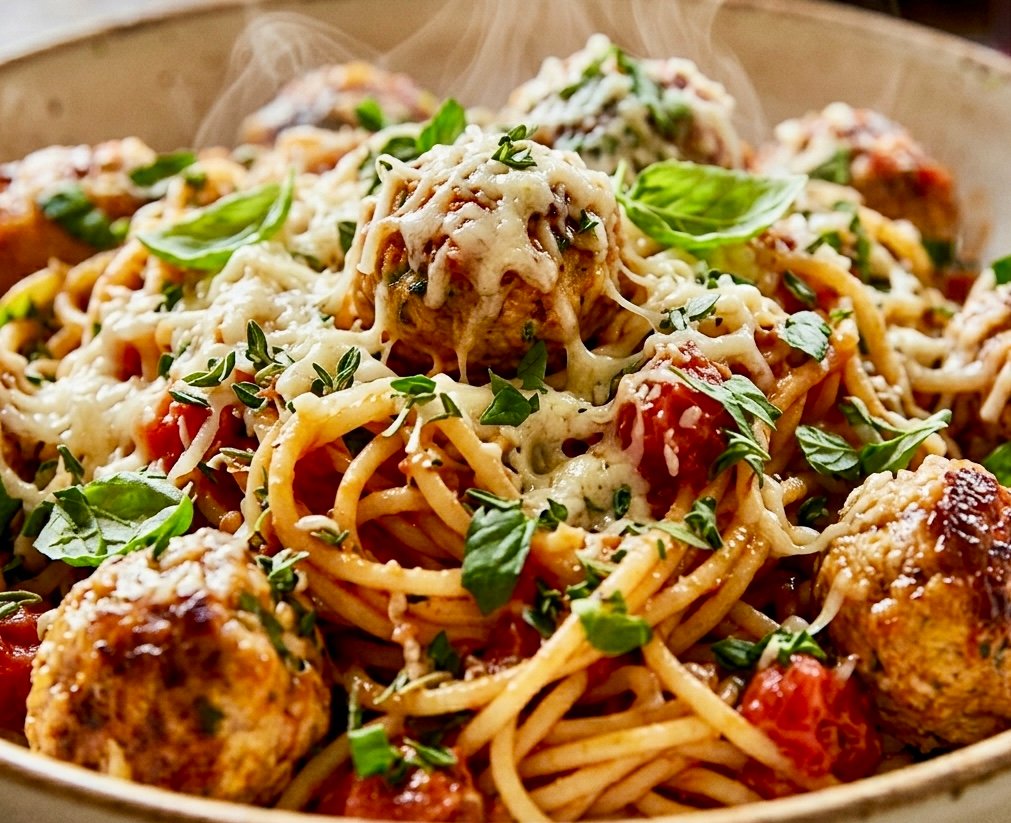 A steaming bowl of turkey meatball pasta garnished with fresh herbs and parmesan cheese.