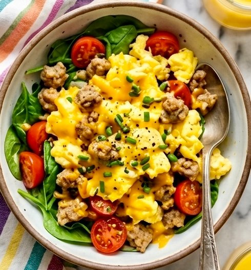A vibrant loaded breakfast scramble bowl filled with scrambled eggs, melted cheddar cheese, crumbled sausage, halved cherry tomatoes, and fresh spinach.