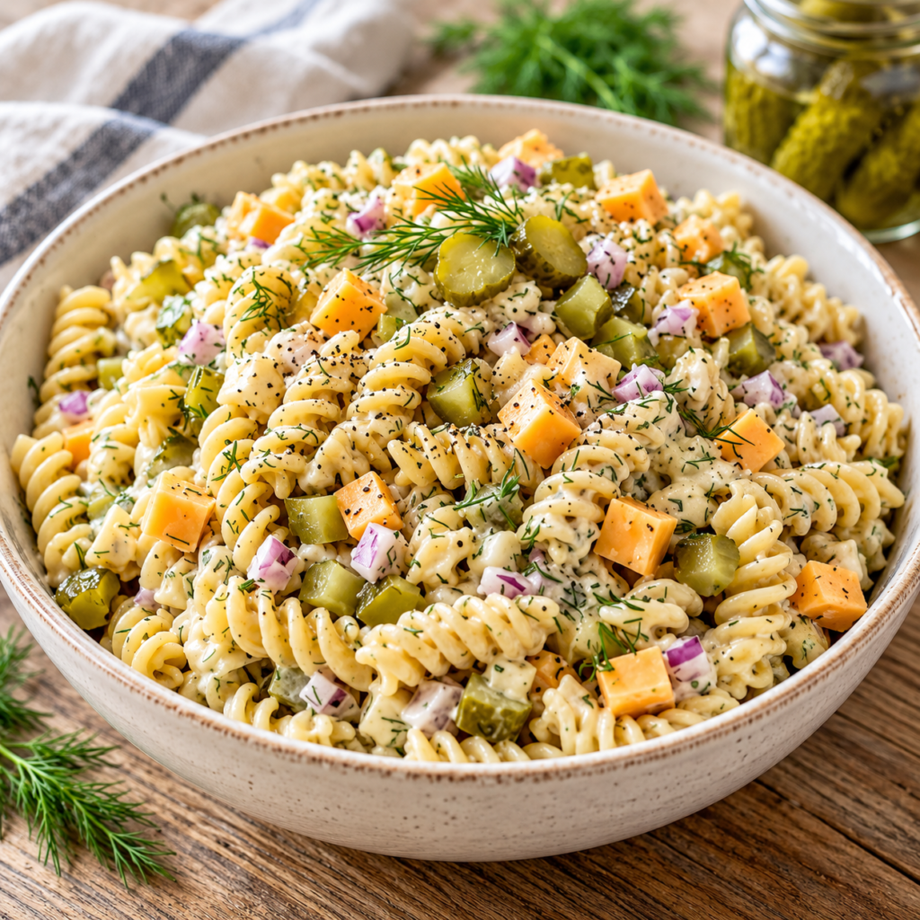 A large white bowl filled with Creamy Dill Pickle Pasta Salad, showcasing rotini noodles, cubed cheddar cheese, diced pickles, and fresh dill.
