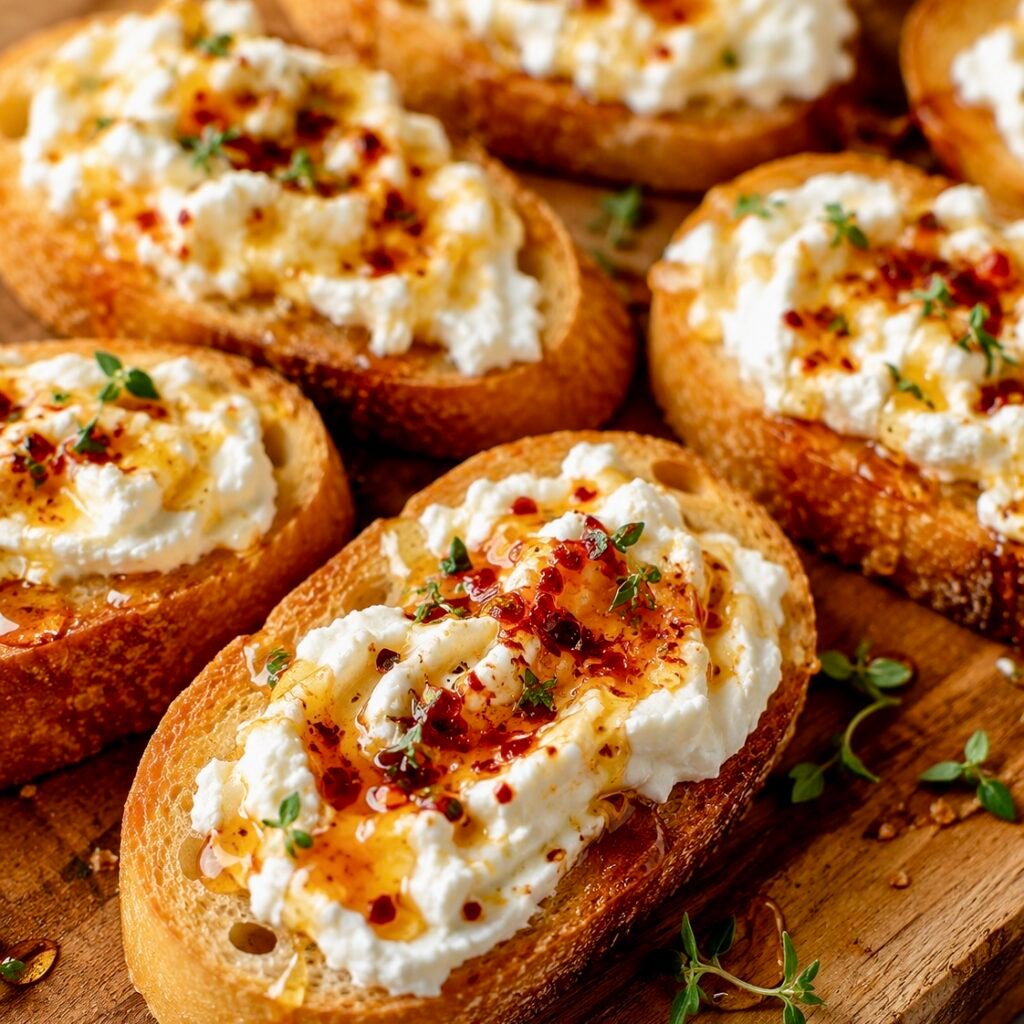 Toasted Whipped Feta and Hot Honey Crostini topped with creamy whipped feta and a drizzle of spicy hot honey on a wooden board.