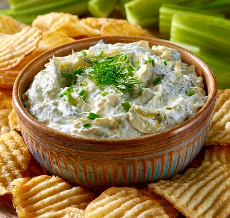 A ceramic bowl filled with creamy dill pickle dip garnished with fresh herbs, surrounded by salty potato chips and celery sticks on a wooden board.