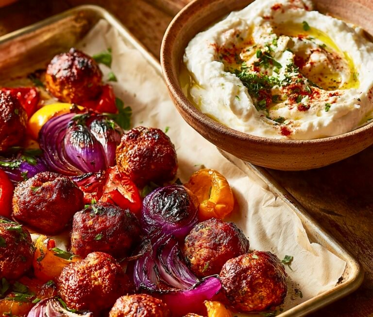 A parchment-lined baking sheet filled with roasted harissa meatballs, charred red onions, and bell peppers next to a bowl of smooth whipped feta cheese.