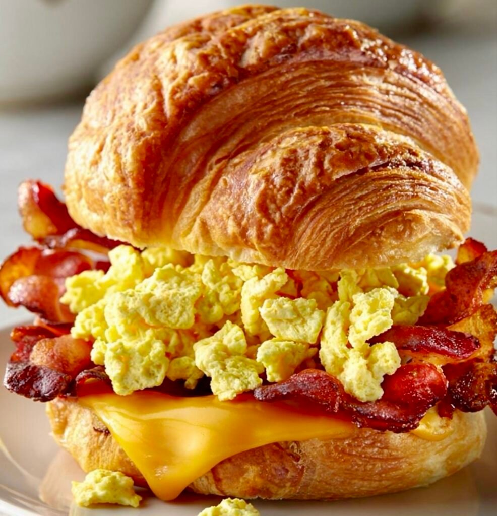 A flaky, golden-brown air fryer croissant sandwich stuffed with thick bacon, scrambled eggs, and melted cheese on a plate next to a cup of coffee.
