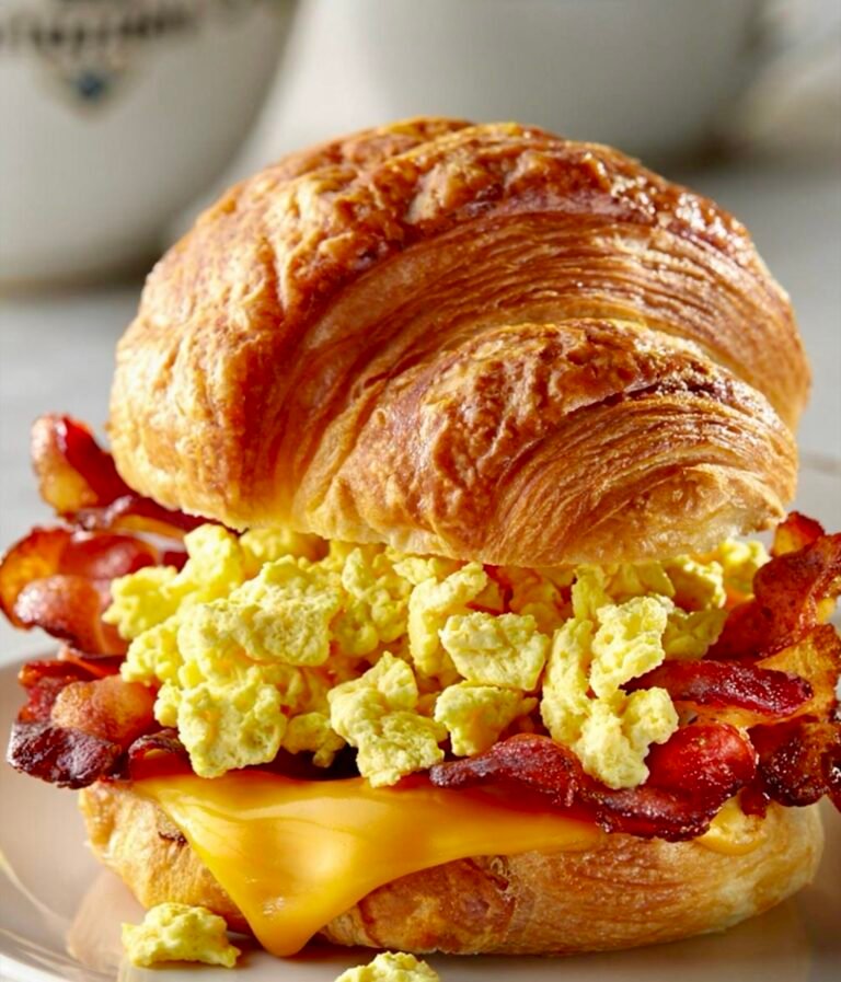 A flaky, golden-brown air fryer croissant sandwich stuffed with thick bacon, scrambled eggs, and melted cheese on a plate next to a cup of coffee.