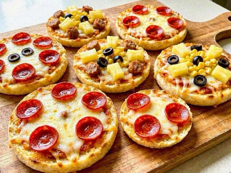 Rows of crispy, homemade English muffin mini pizzas with melted cheese and assorted toppings like pepperoni, pineapple, sausage, black olives, and corn on a wooden serving board.