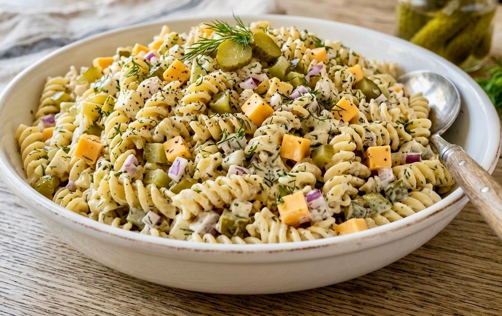 A large white bowl filled with Creamy Dill Pickle Pasta Salad, showcasing rotini noodles, cubed cheddar cheese, diced pickles, and fresh dill.