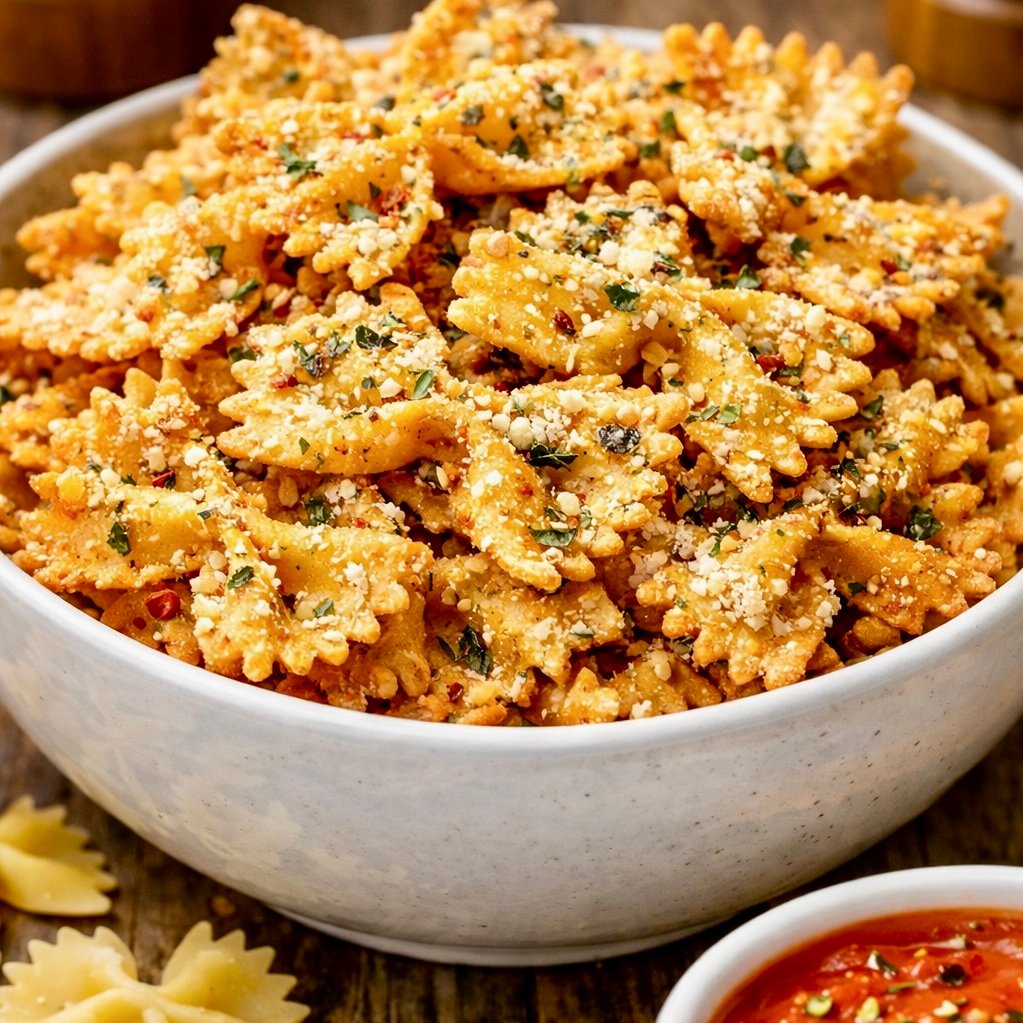 Golden brown Crispy Air Fryer Pasta Chips seasoned with herbs in a white bowl.
