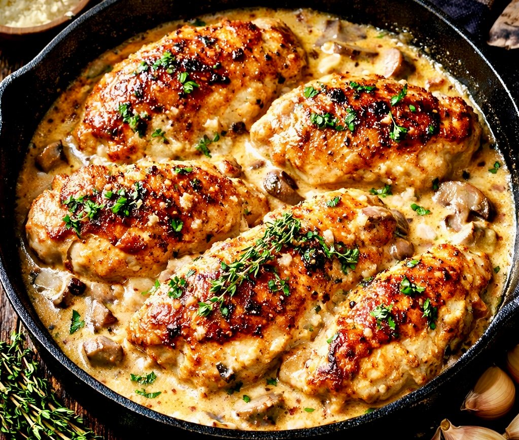 Sizzling Creamy Skillet Chicken in a garlic parmesan sauce garnished with fresh parsley.