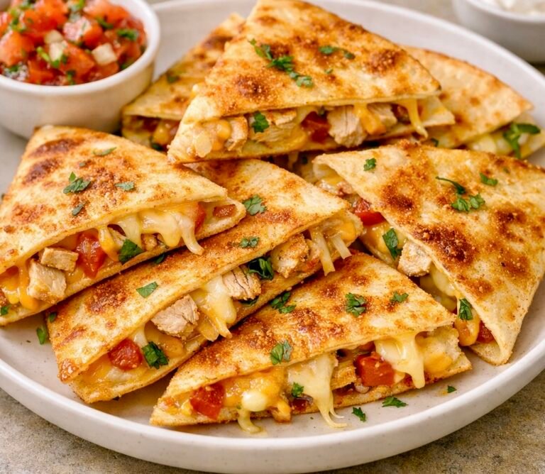 Air fryer chicken quesadilla cut into triangles with melted cheese and golden crispy edges on a plate.