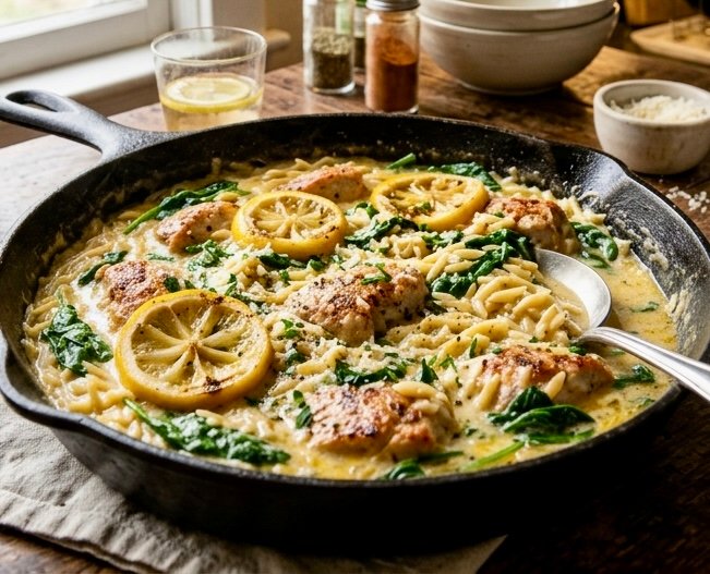 Creamy lemon chicken orzo in a skillet with tender chicken pieces, bright lemon slices, wilted spinach, and glossy parmesan sauce.