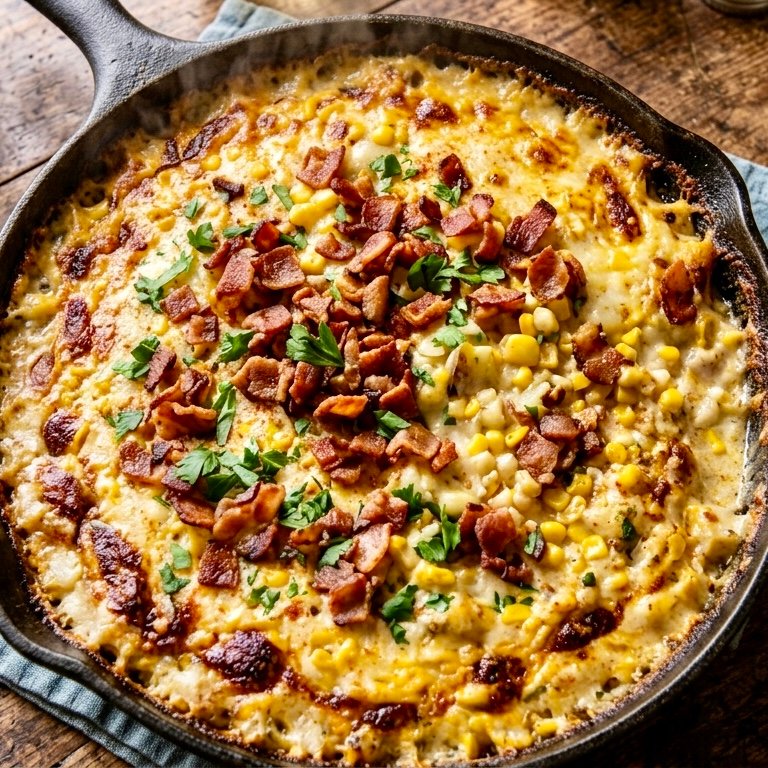 Overhead close-up shot of a golden-baked bacon corn chowder casserole in a cast-iron skillet, topped with crispy chopped bacon and fresh herbs on a rustic wooden table.