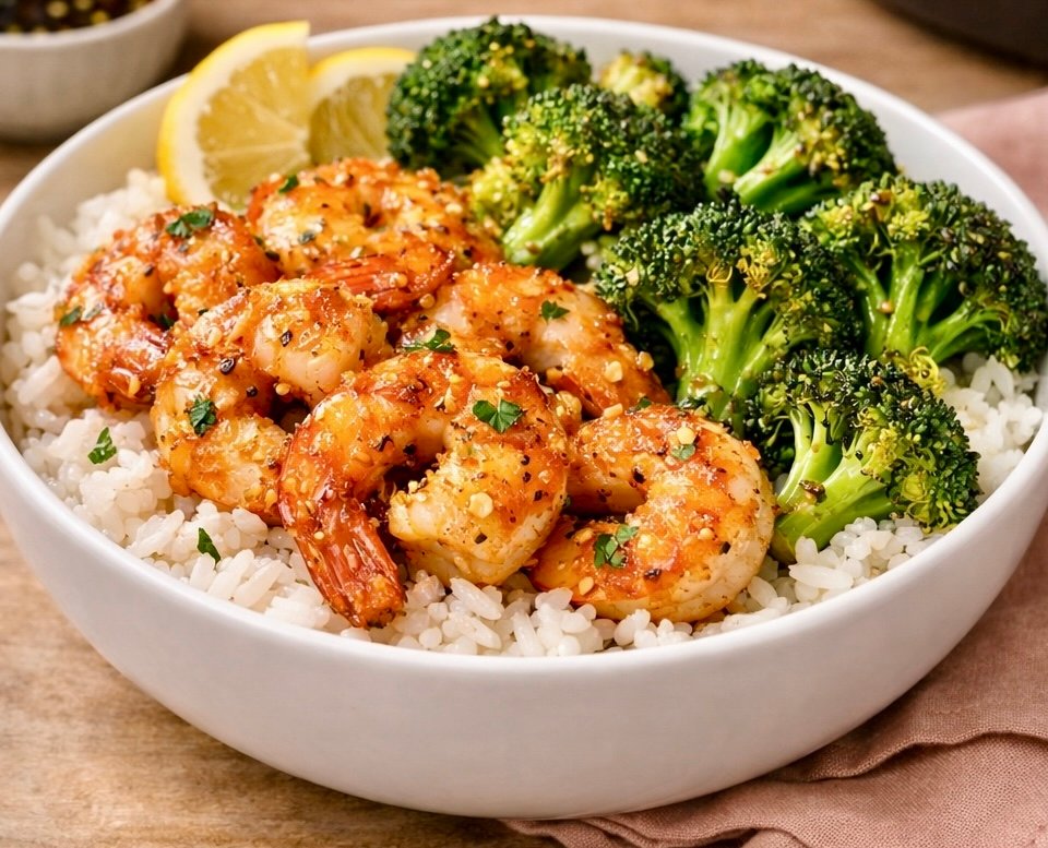 A bright, overhead shot of an air fryer shrimp and broccoli bowl, featuring juicy, seasoned shrimp and vibrant green broccoli florets served over white rice in a ceramic bowl, garnished with sesame seeds and green onions.