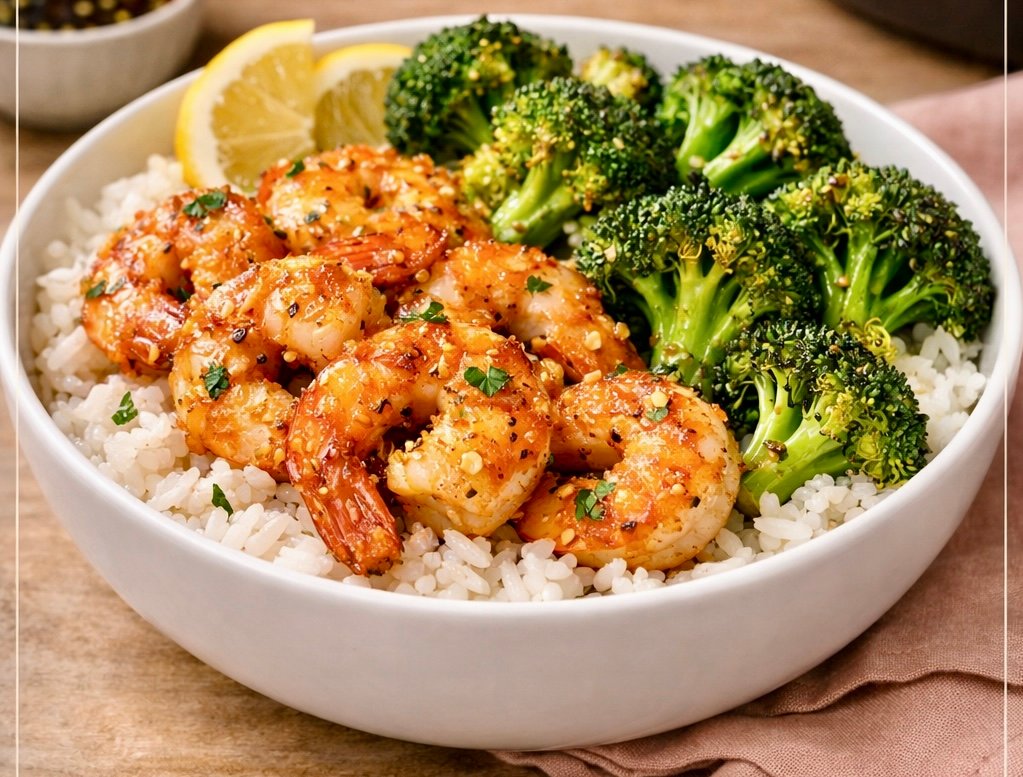 A bright, overhead shot of an air fryer shrimp and broccoli bowl, featuring juicy, seasoned shrimp and vibrant green broccoli florets served over white rice in a ceramic bowl, garnished with sesame seeds and green onions.