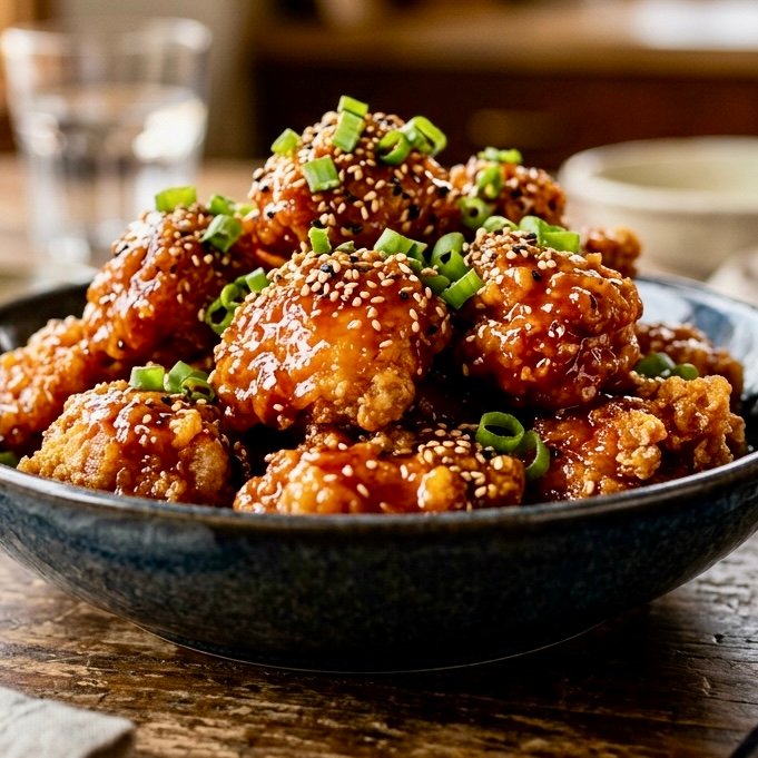 Honey‑gochujang chicken pieces coated in sweet‑spicy sauce, garnished with sesame seeds and green onions in a rustic bowl.