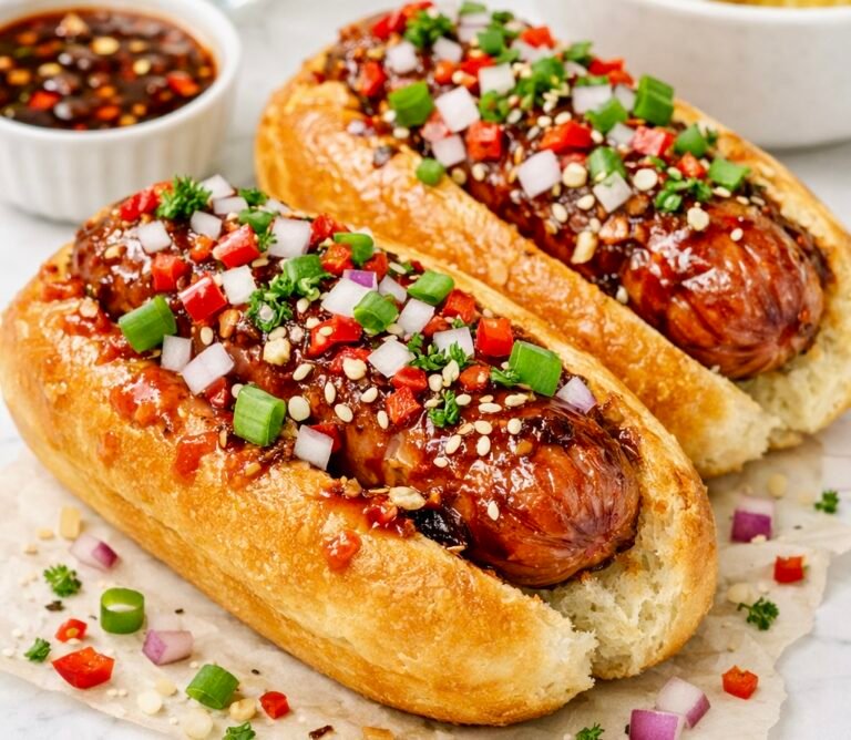Firecracker Hot Dogs topped with sweet‑spicy sauce, green onions, and sesame seeds on toasted buns.