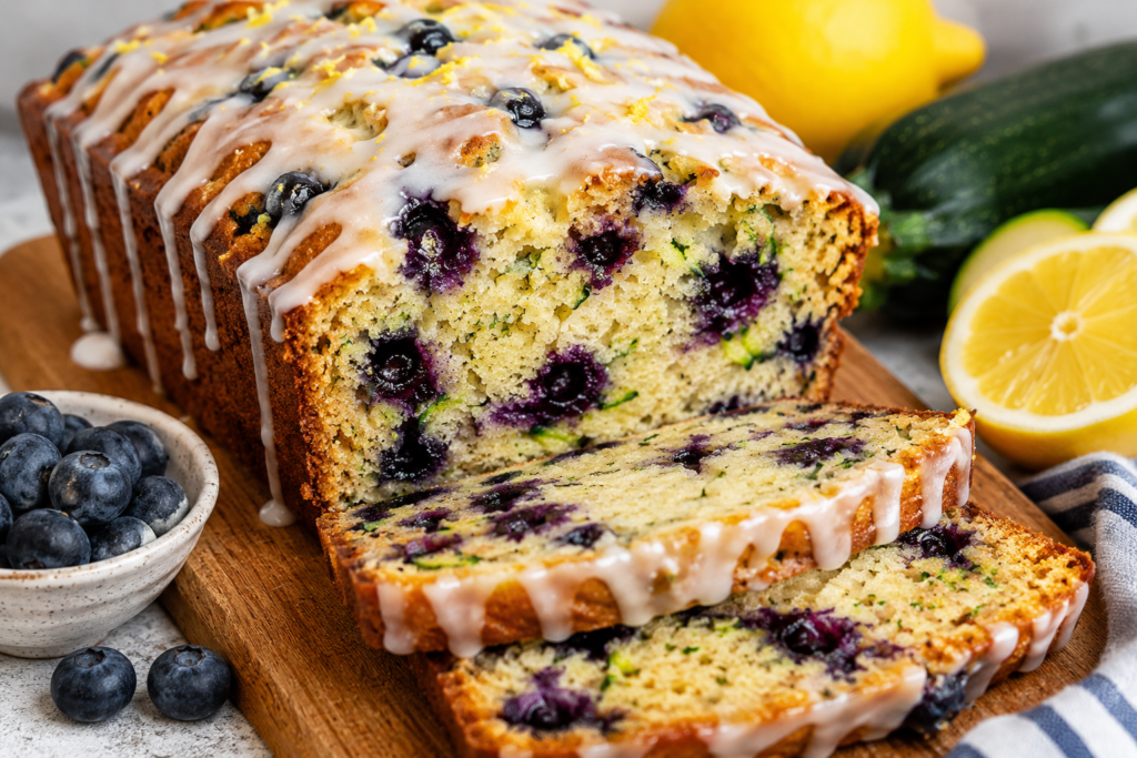 Moist Blueberry Zucchini Bread with Lemon Glaze is soft, tender, and bursting with juicy blueberries finished with a bright citrus glaze.