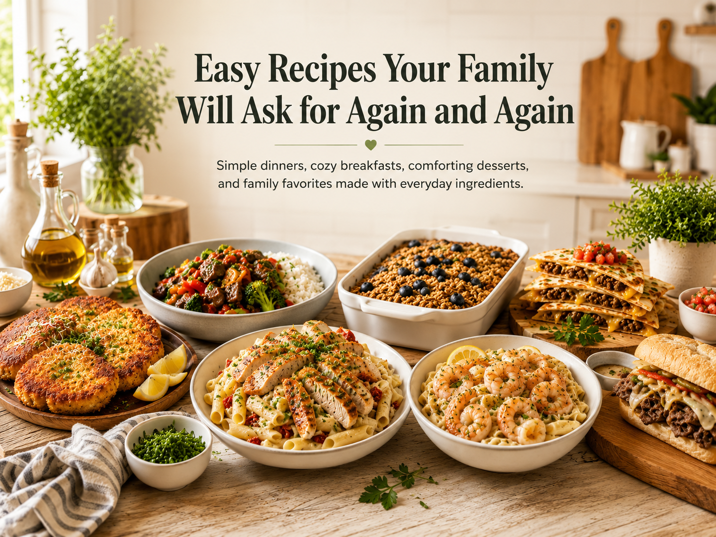 Bright farmhouse kitchen with a variety of homemade, easy family recipes including pasta, sandwiches, breakfast casserole, stir fry, seafood pasta, and crispy chicken on a marble countertop.
