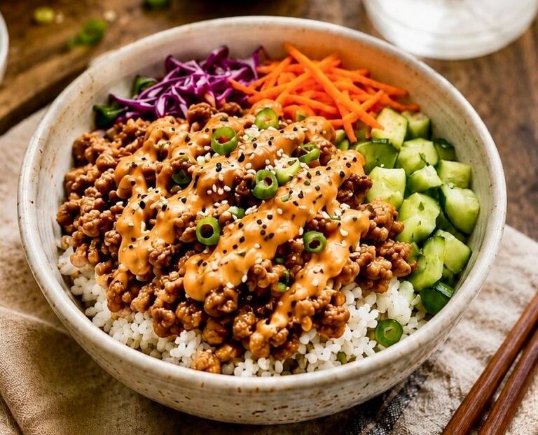 A delicious Bang Bang Turkey Rice Bowl topped with green onions and sesame seeds.