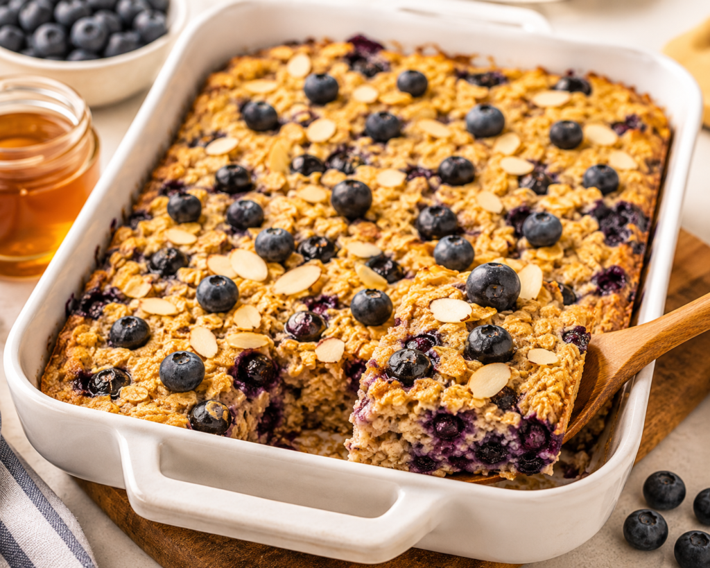 Healthy Blueberry Baked Oatmeal topped with fresh blueberries, sliced almonds, and a drizzle of maple syrup served warm in a white baking dish.