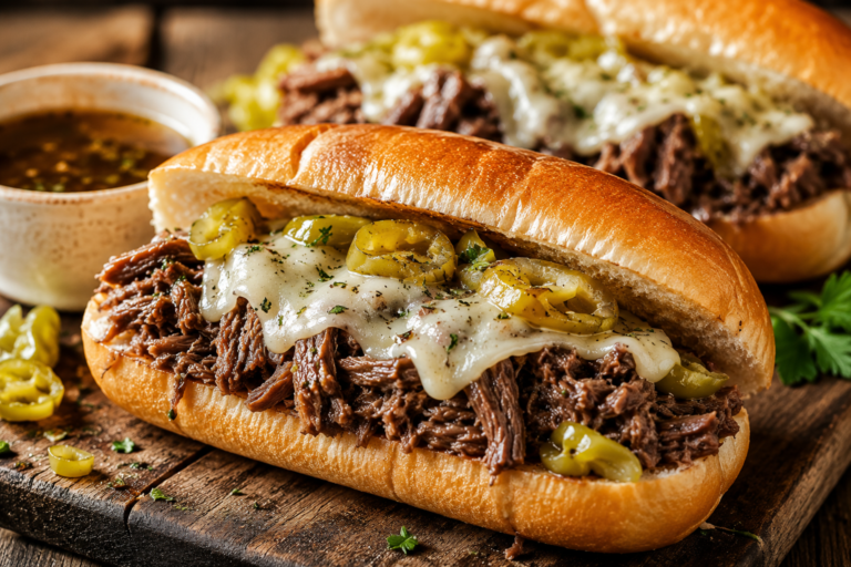Slow cooker Italian beef sandwiches topped with peppers.