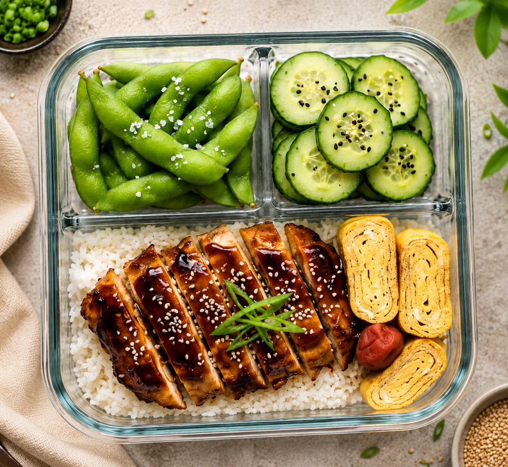 20 minute Chicken Teriyaki Bento Box meal prep with glazed chicken, jasmine rice, edamame, cucumber, and rolled omelet in a glass lunch container.