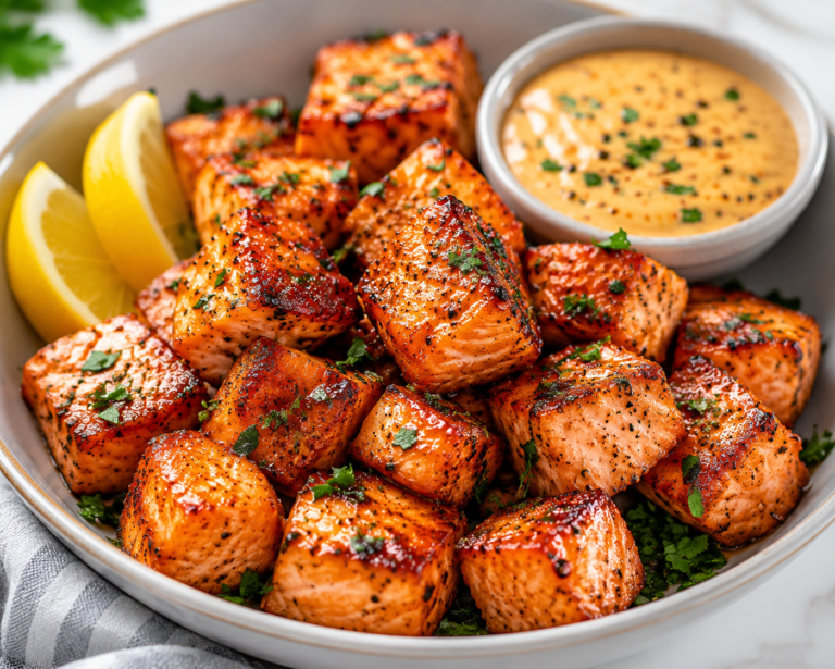 Close-up of crispy air fryer salmon bites with garlic honey glaze, lemon wedges, parsley, and dipping sauce in a white serving bowl.