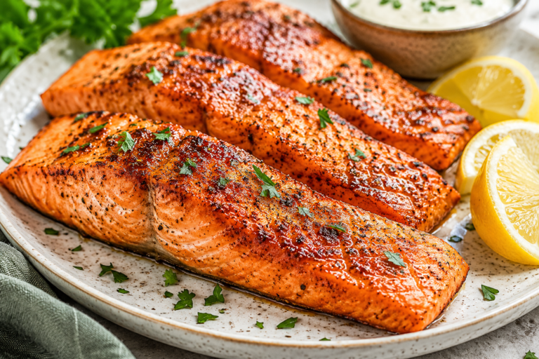 Perfectly cooked air fryer salmon fillets with lemon slices.