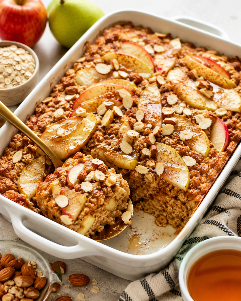 Warm Apple Pear Almond Baked Oatmeal topped with fresh apples, pears, sliced almonds, cinnamon, and maple syrup in a white baking dish.