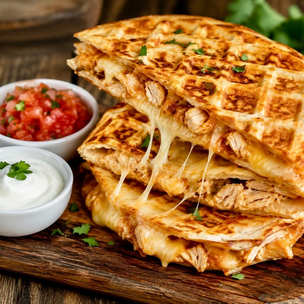 Golden waffle‑pressed quesadilla stack with gooey cheese pull and chicken filling, served on a rustic wooden board with salsa and sour cream in small white bowls.