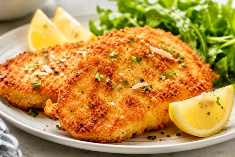Golden crispy Parmesan chicken cutlets served with lemon wedges and parsley.