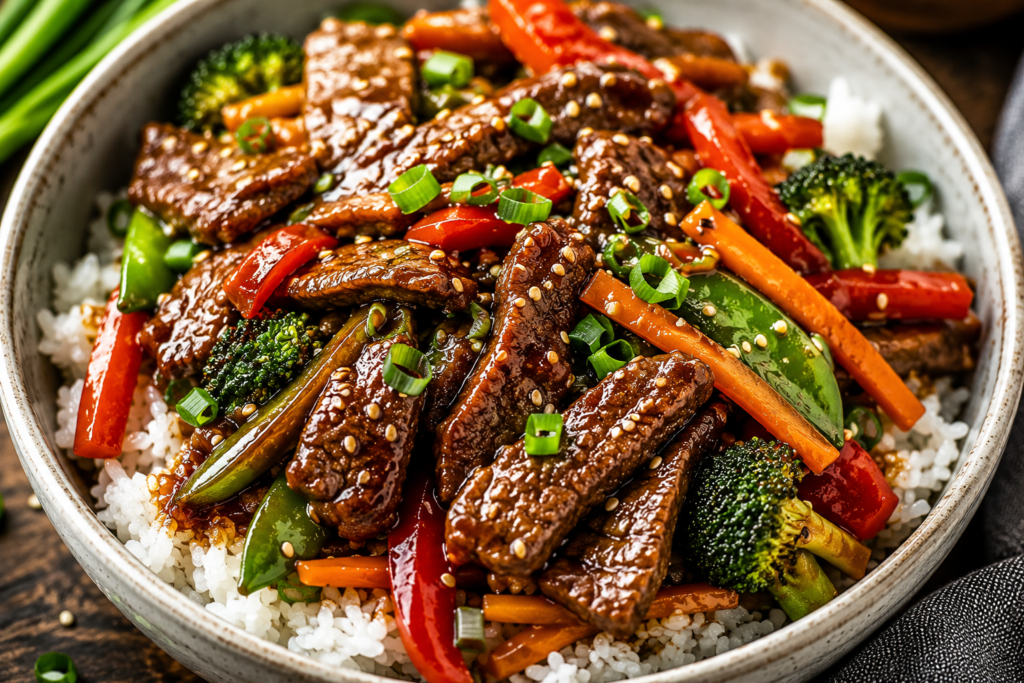 Garlic butter beef stir fry served over steamed rice.