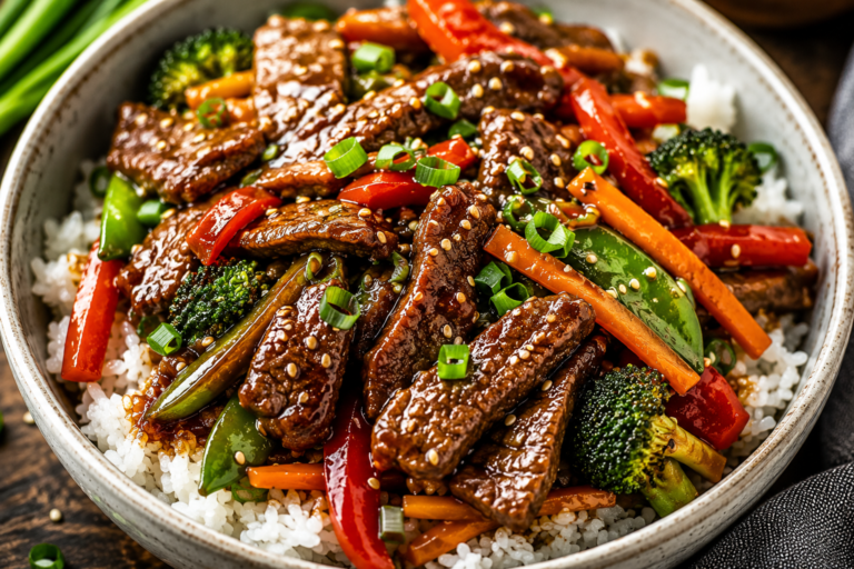 Garlic butter beef stir fry served over steamed rice.