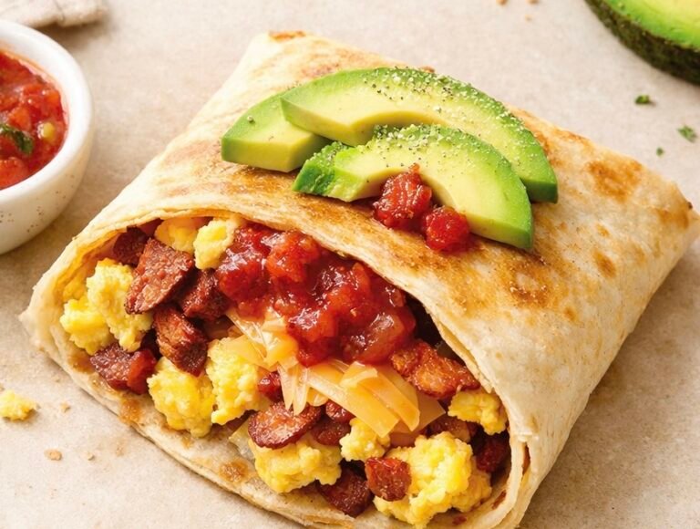A crispy, golden-brown 10-Minute Easy Egg & Bacon Breakfast Pocket shown with melted cheese and fluffy scrambled eggs inside.