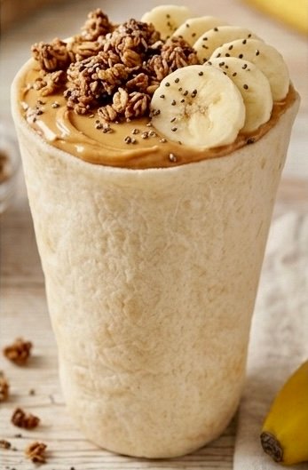 tortilla pocket cup overflowing with rich, creamy peanut butter and layered with fresh banana slices, topped with a sweet honey drizzle and crunchy crushed peanuts