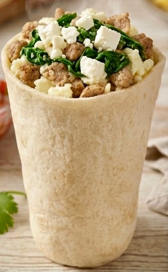 close-up of a handheld tortilla pocket shaped like a cup, packed with savory cooked turkey sausage crumbles, melted and fresh feta cheese cubes, scrambled eggs, and green spinach, all steaming hot on a light-colored wooden table with scattered pepper and green leaves