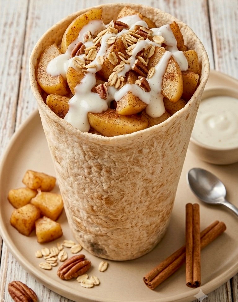 Close-up of a handheld tortilla pocket shaped like a cup, brimming with spiced cinnamon apple chunks and topped with creamy white yogurt and crunchy pecan pieces and oats, steaming slightly, presented on a light plate with scattered ingredients on a rustic wooden table