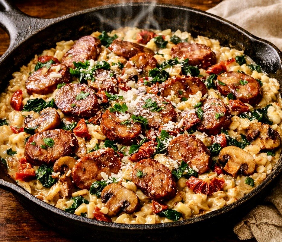 A creamy Tuscan Sausage & Orzo Skillet garnished with Parmesan cheese and fresh herbs.