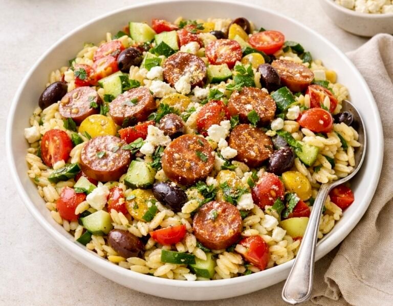A bowl of Mediterranean orzo salad filled with tomatoes, cucumbers, olives, feta, herbs, and lemon dressing, photographed in bright natural light — a fresh, colorful pasta salad ready in 20 minutes.